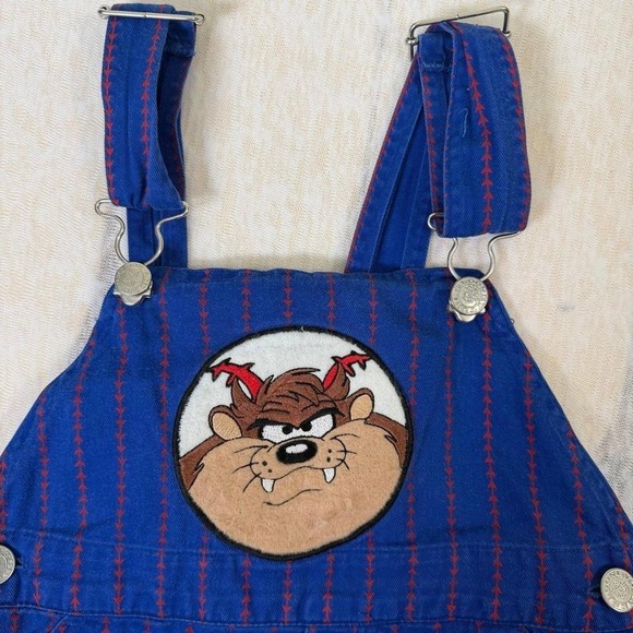 Vintage Looney Tunes Taz Toddler Overalls Blue Red Stripe Shortalls 4T - Picture 3 of 5